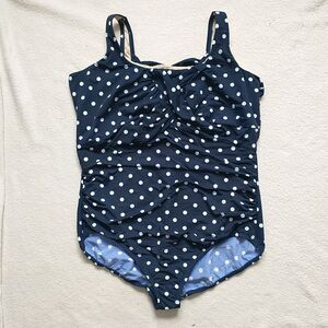 New LANDS END One Piece Swimsuit 22W G Blue Polka Dot FauxWrap Ruched Underwired